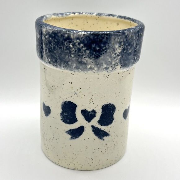Glazed 5” Crock Small Pot Stoneware Pottery Speckled with Blue Hearts Unmarked - Picture 2 of 13